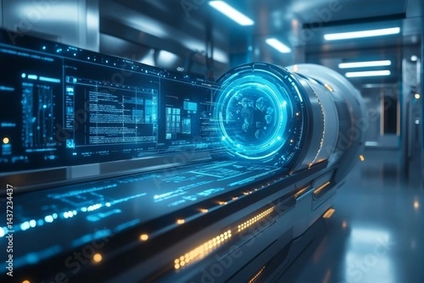 Fototapeta Futuristic medical scanner with glowing blue holographic interface. High-tech diagnostics in a sleek, modern lab setting. Perfect for sci-fi, innovation, AI healthcare, and advanced technology themes.