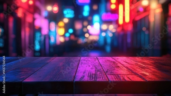 Fototapeta Intricate textures on a wooden table, framed by a hazy backdrop of colorful neon lights and a dark interior, evoking the stylish atmosphere of contemporary nightlife