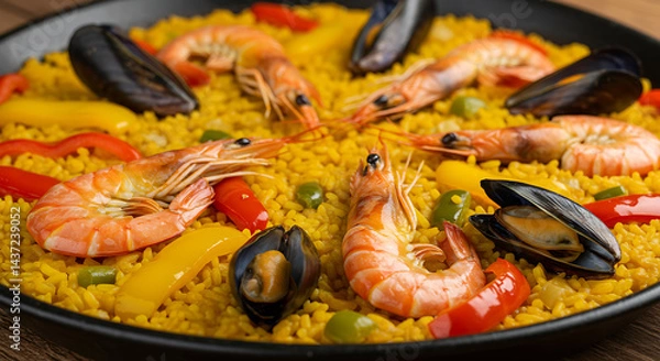 Fototapeta High-detail macro of a Spanish paella with saffron rice, shrimp, mussels, and colorful peppers, vibrant and rustic style