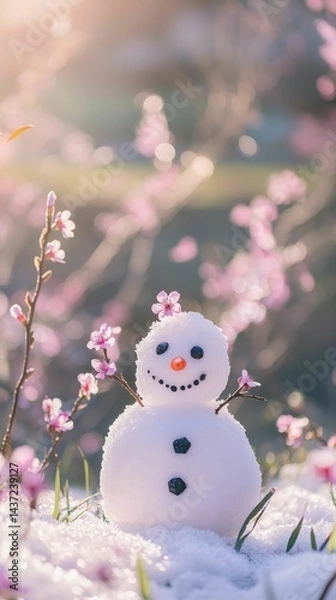 Obraz Miniature snowman, blossoms, snow, springtime scene.