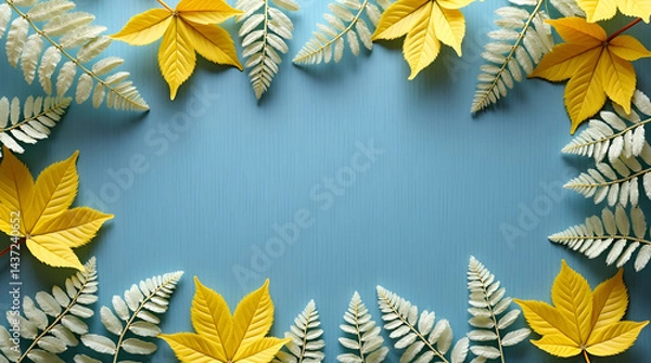 Fototapeta Flat lay of soft summer yellow leaves and delicate ferns forming a gentle natural frame