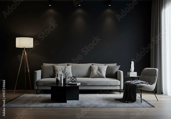 Fototapeta A modern living room with gray sofa black wall and lamp creating a stylish and cozy atmosphere look