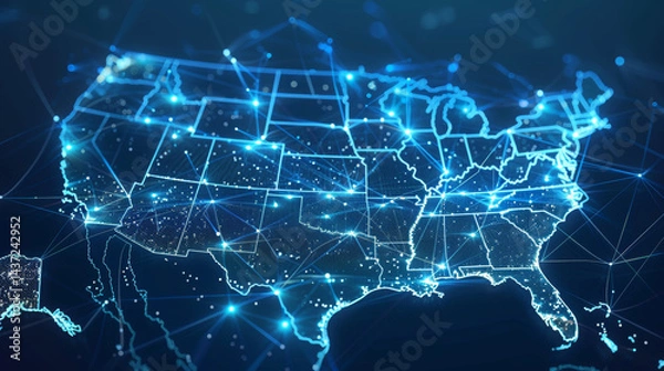 Fototapeta United States Map with Interconnected Nodes Illustrating a Nationwide Fiber Optic Network