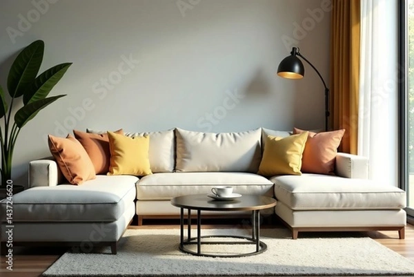 Fototapeta Relaxing corner sofa with throw pillows and glass coffee table, relaxation, cushion, comfortable