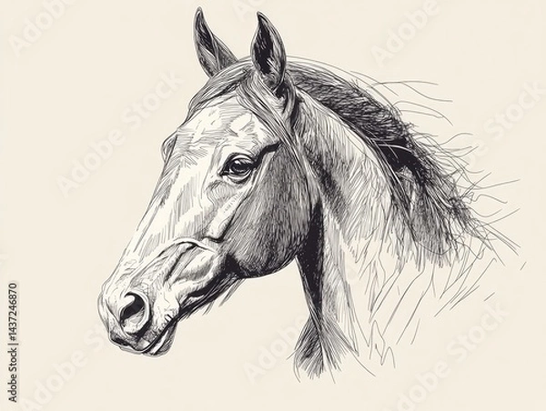 Fototapeta Detailed drawing of a horse's head, profile view, in grayscale