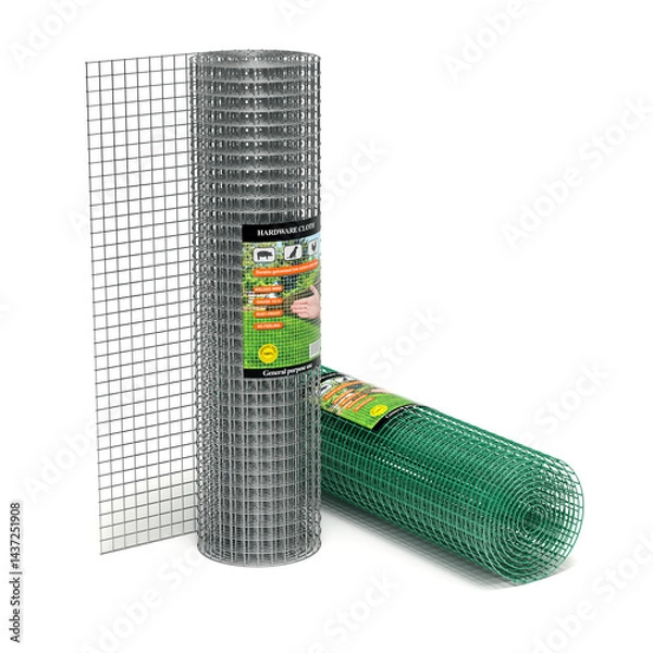 Fototapeta Hardware cloth wire chicken wire fence galvanized welded cage wire mesh roll with abstract label - 3D illustration
