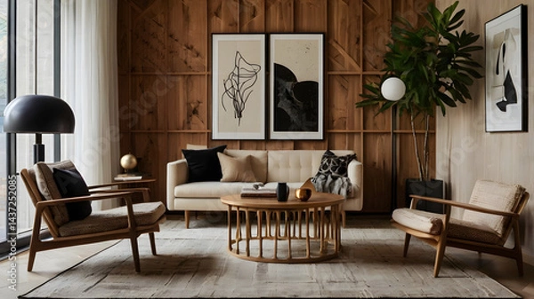 Fototapeta Stylish Mid-Century Modern Living Room with Wooden Accents and Contemporary Decor