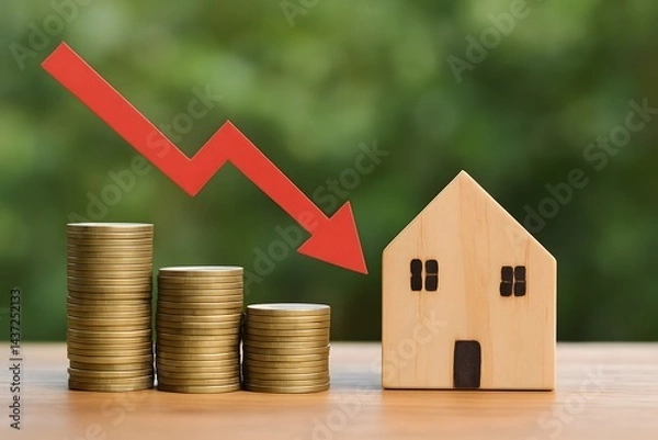 Obraz Declining Property Values Indicated by Red Arrow and Stacked Coins