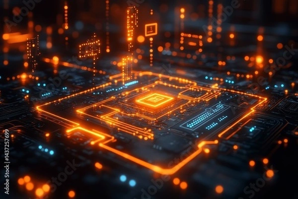 Fototapeta Glowing CPU on circuit board; digital data streams