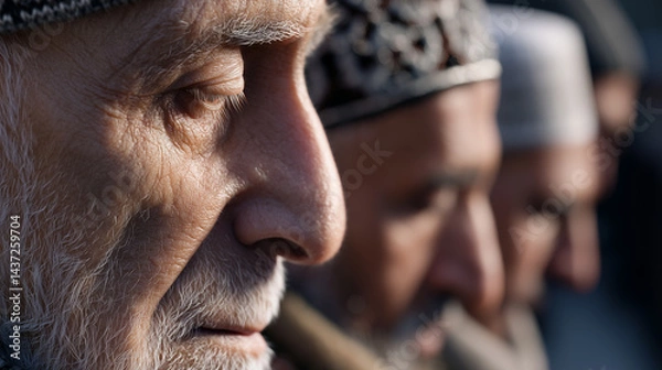 Fototapeta Elderly Kashmiri Men Pherans and Woolen Caps Praying at Historic Mosque Courtyard in Pehalgam at Dawn.