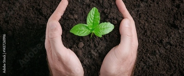 Fototapeta Hands holding black soil with a young plant on it, top view on a dark background, a banner for World Environment Day concept, with copy space, 