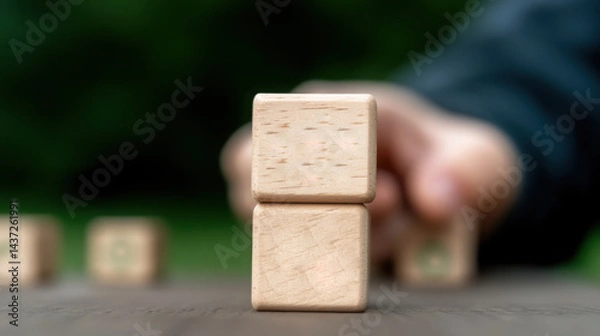 Fototapeta Wooden block crafts arranged on a green natural background for adding text.