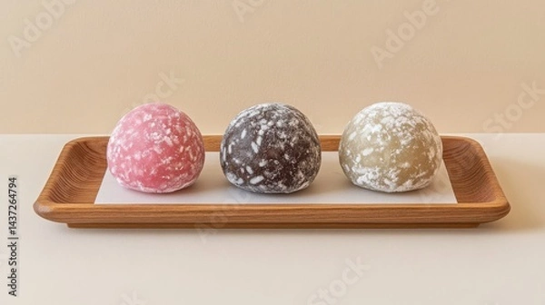 Obraz Trio of Colorful Mochi on Neutral Tray for Culinary Display