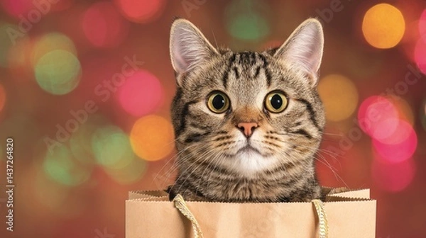 Fototapeta A curious cat holding a small gift bag with ribbon handles