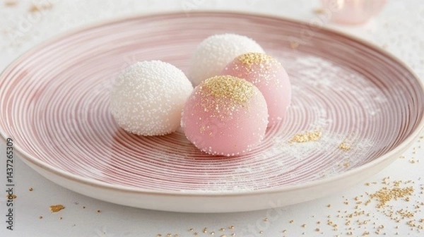 Obraz White and Pink Mochi Treats with Gold Flakes on Elegant Plate