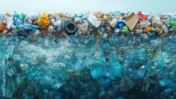 Fototapeta A large mass of plastic and garbage floating in the ocean, highlighting the serious issue of marine pollution and environmental degradation
