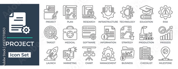 Fototapeta Modern flat project line icon set with business, planning, research, software, marketing, checklist, milestone, and technology symbols. Perfect for corporate designs.
