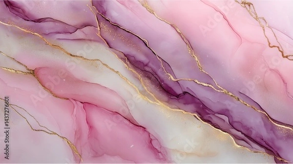 Fototapeta Elegant pink and white marble texture with golden veins and flowing violet accents creating a soft and luxurious abstract background