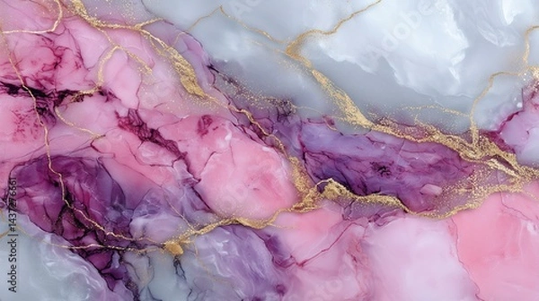 Fototapeta Elegant pink and white marble texture with golden veins and flowing violet accents creating a soft and luxurious abstract background