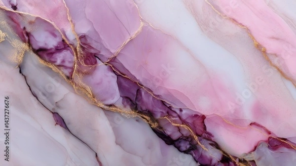 Fototapeta Elegant pink and white marble texture with golden veins and flowing violet accents creating a soft and luxurious abstract background