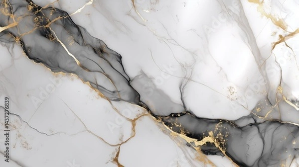 Fototapeta Elegant white marble texture with soft gray and black veining accented by subtle golden details creating a refined and luxurious abstract design
