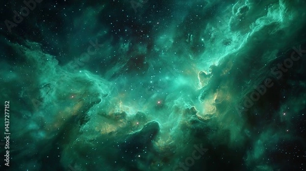Fototapeta Green nebula in deep space with glowing stars and cosmic clouds creating a mysterious and vibrant astronomical background