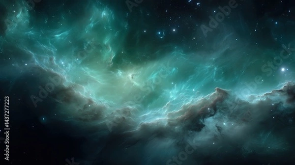 Fototapeta Green nebula in deep space with glowing stars and cosmic clouds creating a mysterious and vibrant astronomical background