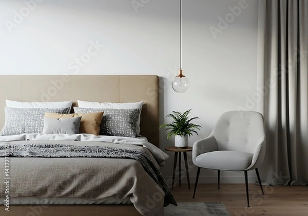 Obraz A bedroom with a bed, chair, plant, and hanging light fixture in a minimalist style room design