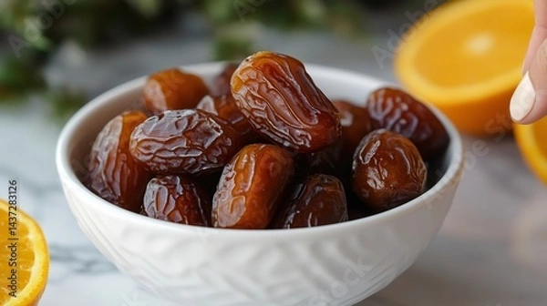 Fototapeta Juicy medjool dates resting in white bowl, presenting a healthy snack