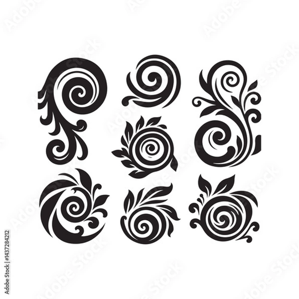Fototapeta Decorative swirl and spiral vector silhouette set