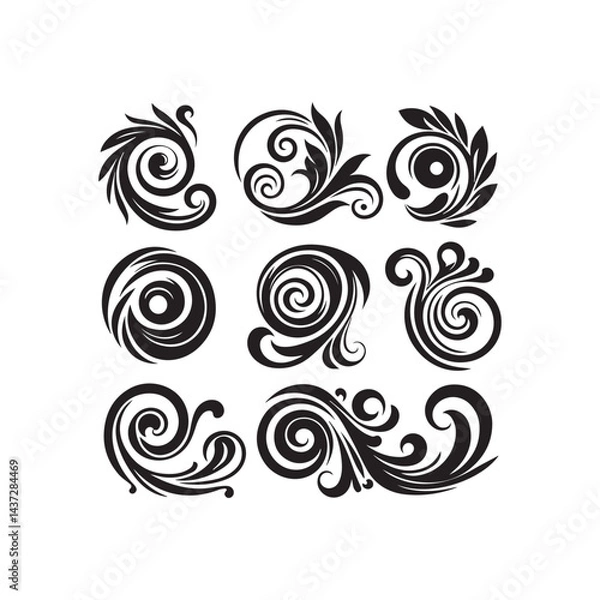 Fototapeta Decorative swirl and spiral vector silhouette set