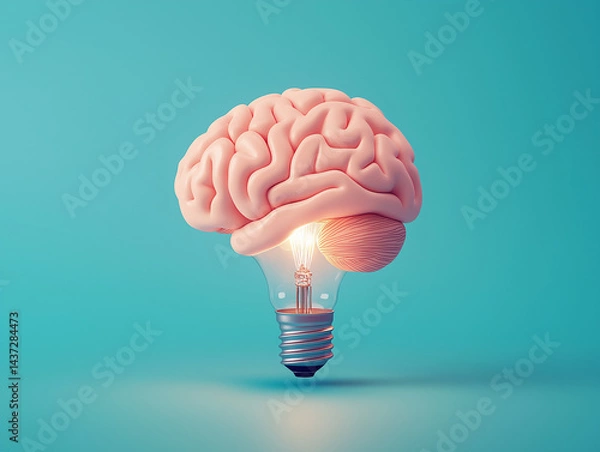 Fototapeta human brain with light bulb ideas and creativity concept image. Out of box thinking 