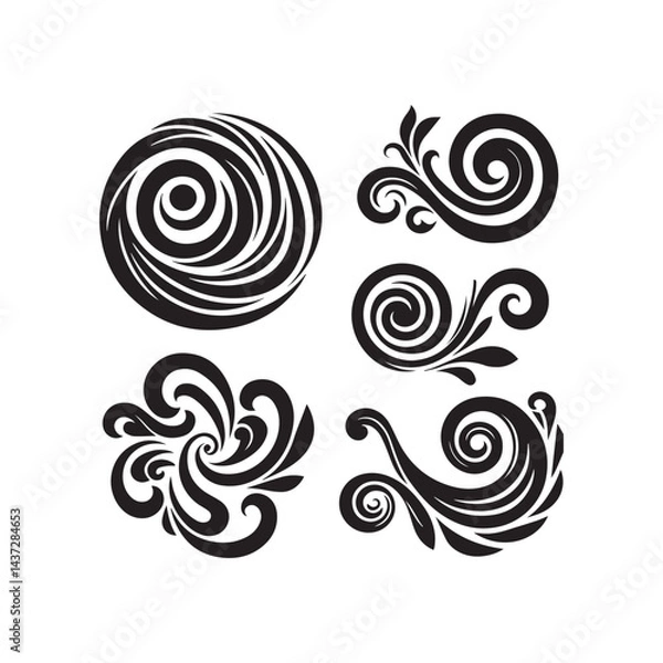 Fototapeta Decorative swirl and spiral vector silhouette set