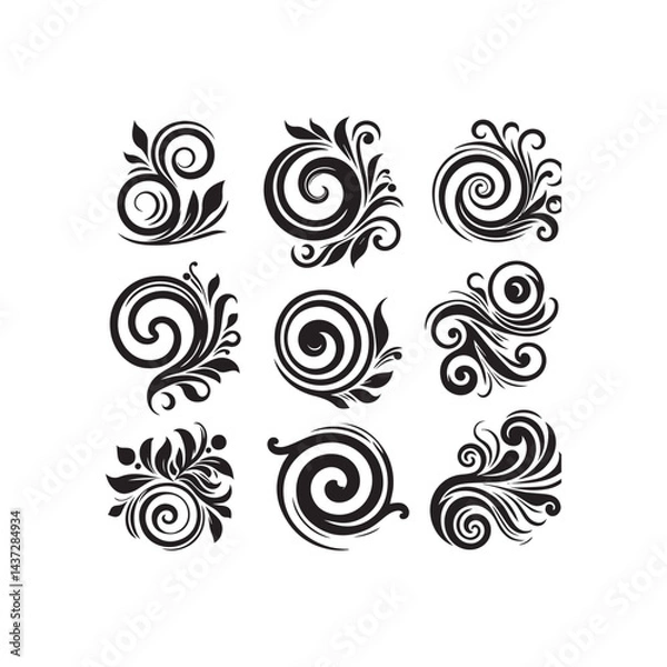 Fototapeta Decorative swirl and spiral vector silhouette set