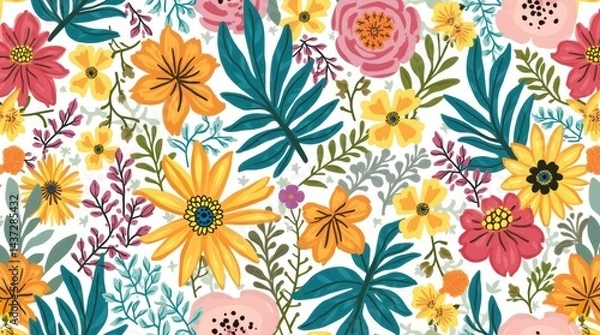 Fototapeta Bright and dynamic floral pattern featuring overlapping multicolored flowers and foliage, creating a cheerful, eye-catching design for modern decor.

