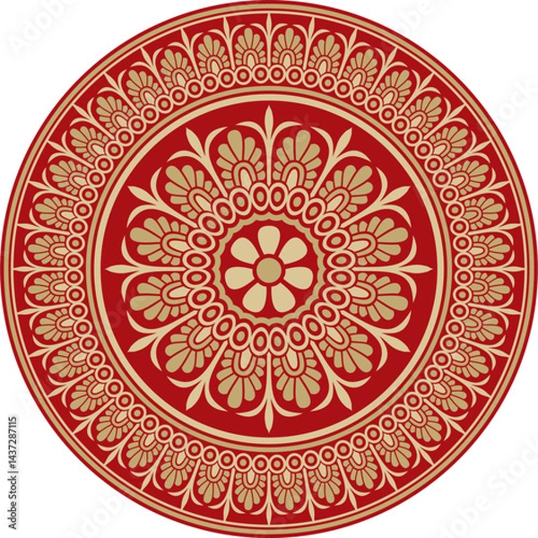 Fototapeta Vector gold with red classic Greek round ornament. Circle of Ancient Greece and the Roman Empire. Byzantine painting of walls, floors and ceilings. Decoration of European palaces