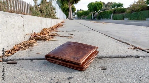 Fototapeta A worn leather wallet lies abandoned on the sidewalk, hinting at lost money and worry.



