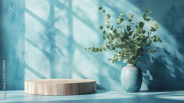 Fototapeta Wooden product display podium with a pot of eucalyptus against a pastel blue textured wall. Perfect for studio-like photoshoot for product branding and showcase.