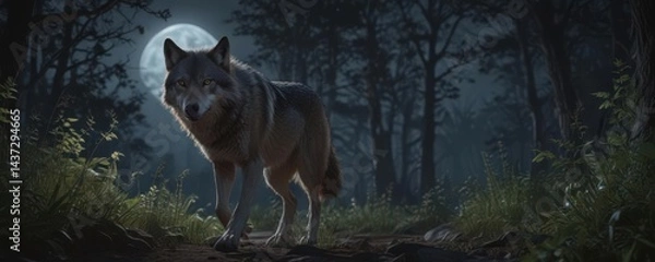 Fototapeta A wolf, its coat gleaming, sprints through dense undergrowth under a radiant full moon ,  canine,  underbrush,  wilderness