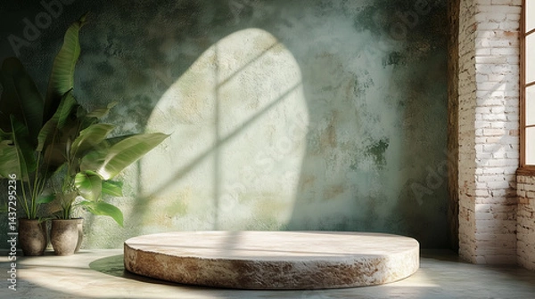 Fototapeta Natural product presentation scene with stone pedestal with rough edges with potted leafy plants, against textured green walls and exposed rock windows.