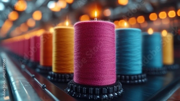 Obraz Colorful textile spools aligned in industrial manufacturing setting