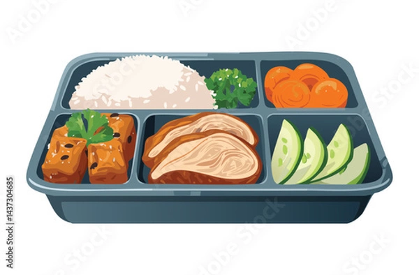 Fototapeta Teriyaki Chicken and Nuggets Bento Rice with Vegetables Dish - Vector Illustration