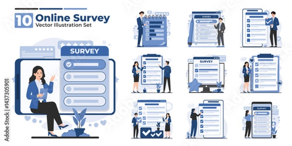 Fototapeta Collection of online survey illustrations showing mobile feedback, user review, and rating concepts designed for customer experience improvement and data collection analysis needs