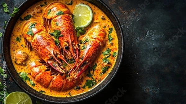 Fototapeta Shrimp dish in creamy sauce with lime, herbs on dark table, overhead view for food blog/recipe