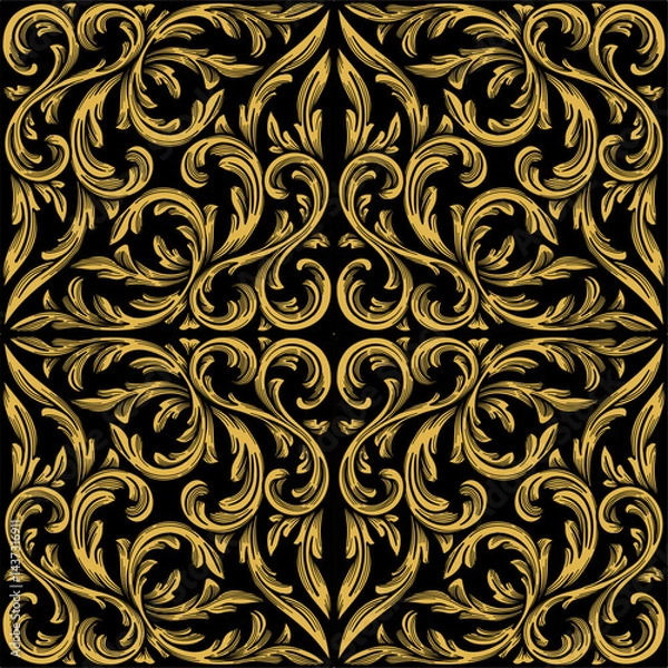 Obraz Baroque engraved seamless pattern ornamental. Damask Graphic Ornament filigree, flourish Floral swirl, curl. Design for print, fabric, tile, cover, wedding decoration, invitation card
