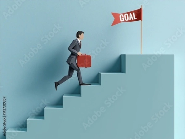 Fototapeta Concept image of office worker in suit holding a suitcase running up vertical steps reaching for career goals