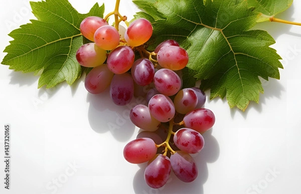 Fototapeta Red Grape Cluster with Lush Vine Leaves Under Soft Light