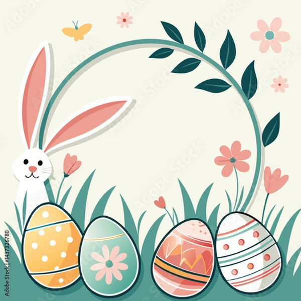 Fototapeta Easter poster background with rabbit  and frame eggs
