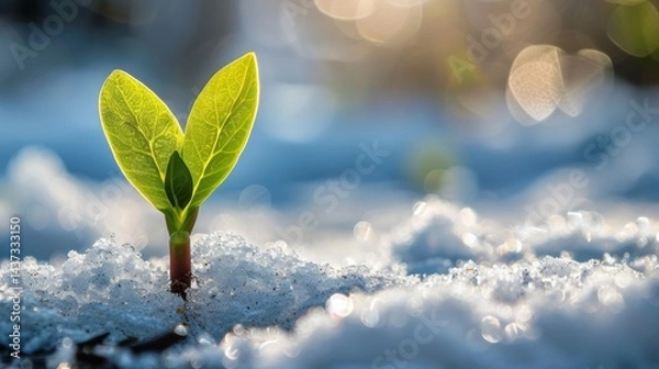 Fototapeta green sprout emerging from snowy frozen ground announcing end of winter end beginning of spring season, ice, bright, environment, life, concept, new, sunlight, light,.
