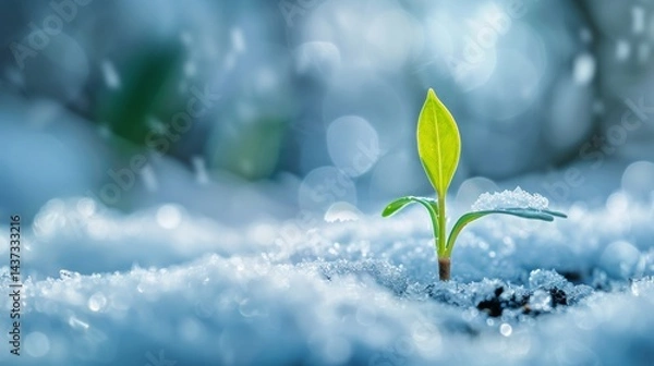 Fototapeta green sprout emerging from snowy frozen ground announcing end of winter end beginning of spring season, ice, bright, environment, life, concept, new, sunlight, light,.